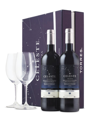 Torres Celeste Crianza 2 Bottles, 2 Riedel Wine Glasses Gift Pack 2009